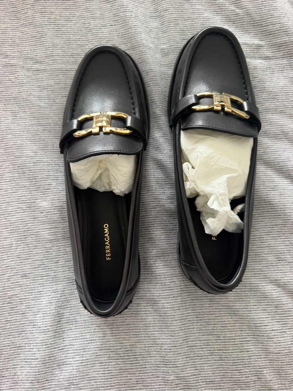 Salvatore Ferragamo Black Leather Loafers with Gold Horsebit